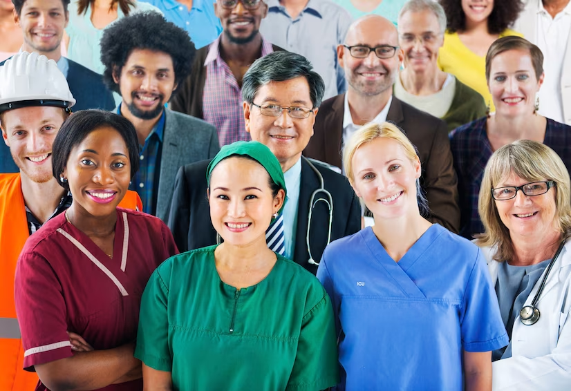 Diverse group of individuals wearing various professional uniforms