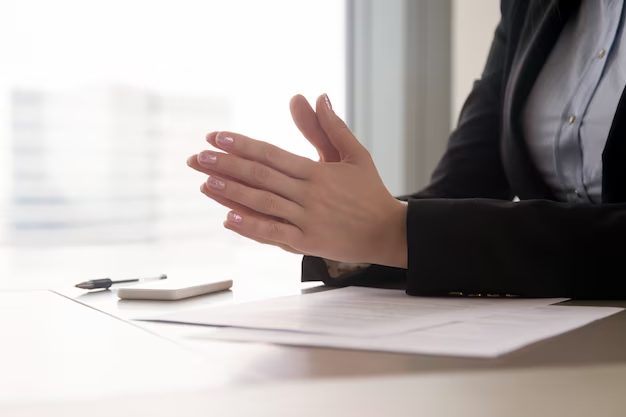 A woman's hand in a suit, with palms closed together on a table