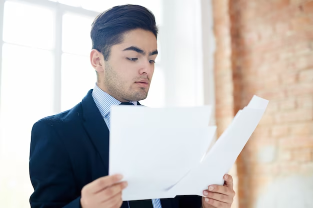 man in suit reading papers