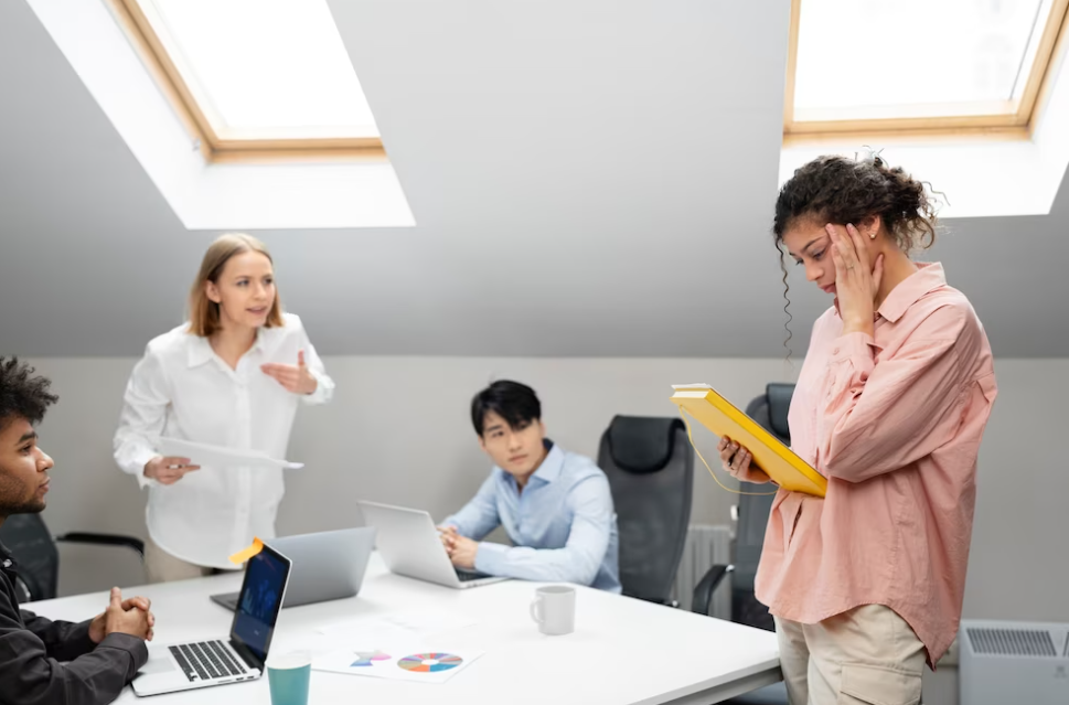 woman in white shirt talks to woman in pink shirt, men sit at the desk and look at them