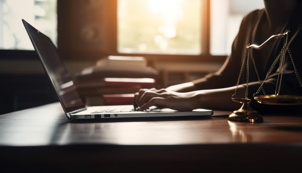 woman typing on laptop keyboard and scales of justice, windows behind