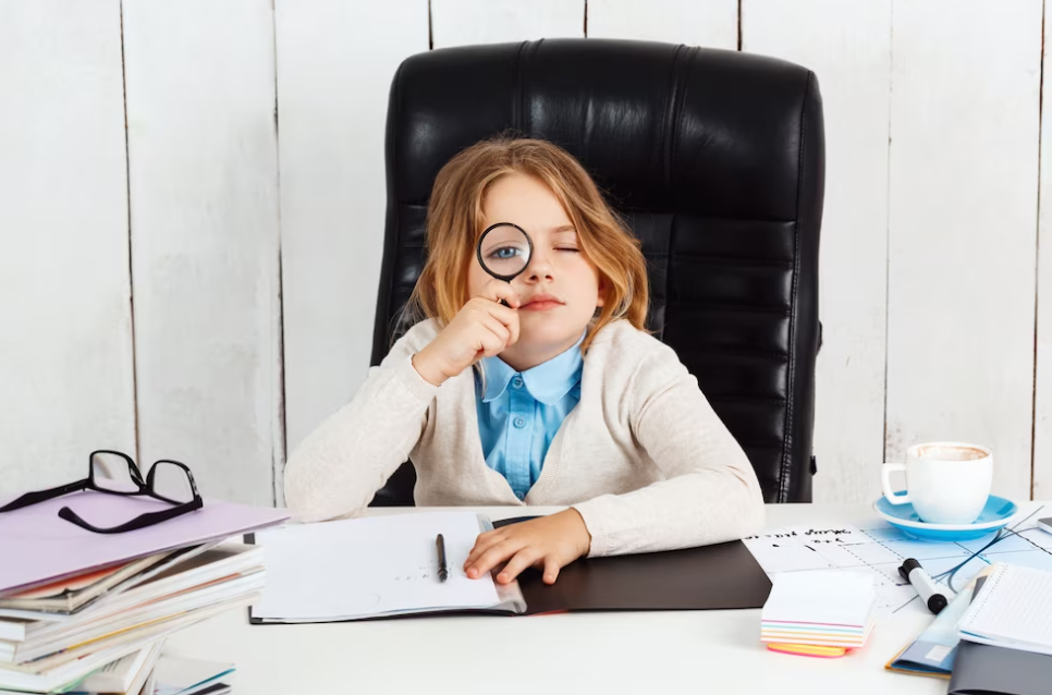 The girl sitting at the desk with magnifying glass, coffee, glasses and notebooks on the table