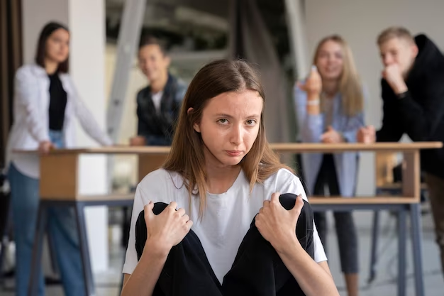 Girl sitting with her back to the crowd